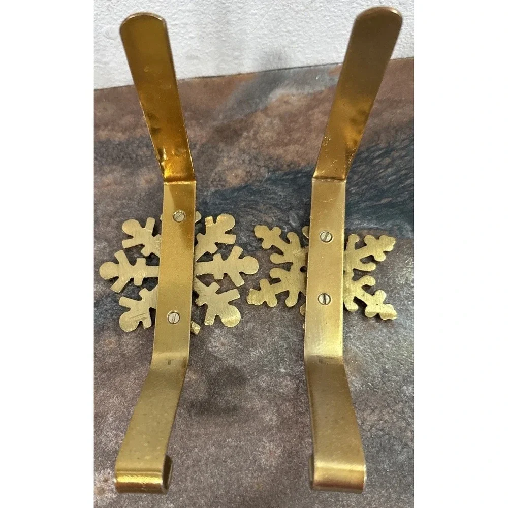 Brass Snowflake Christmas Stocking Holders Mantel Hooks Set of 2 Gold Tone